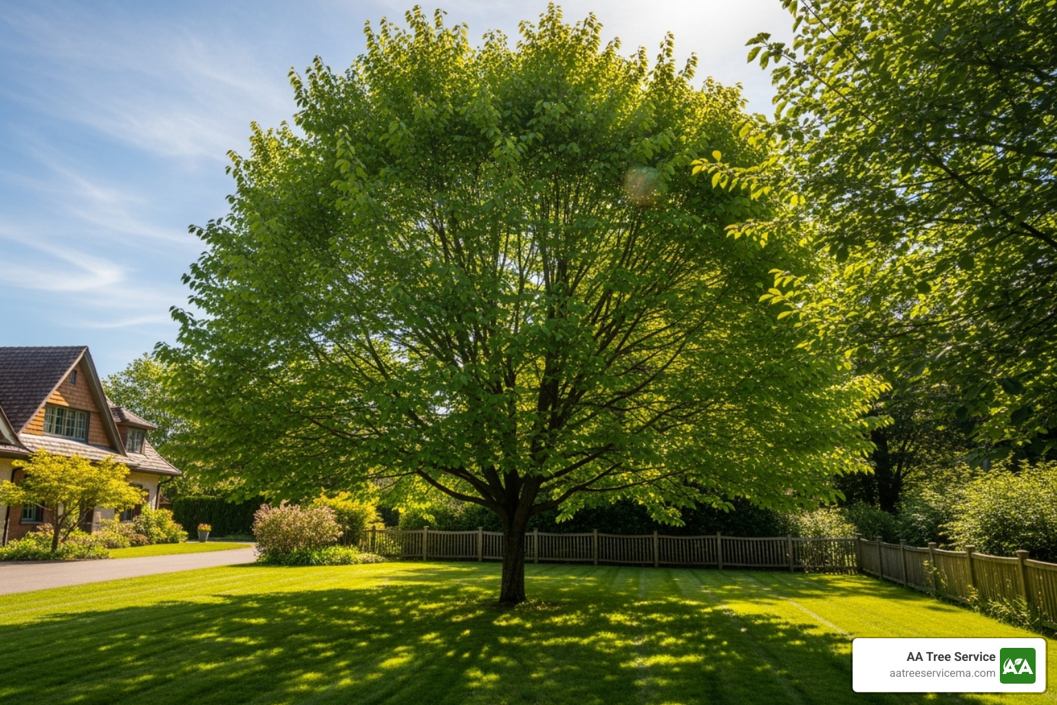healthy, well-maintained tree on a sunny day in a yard in Nashua, NH - tree emergency services