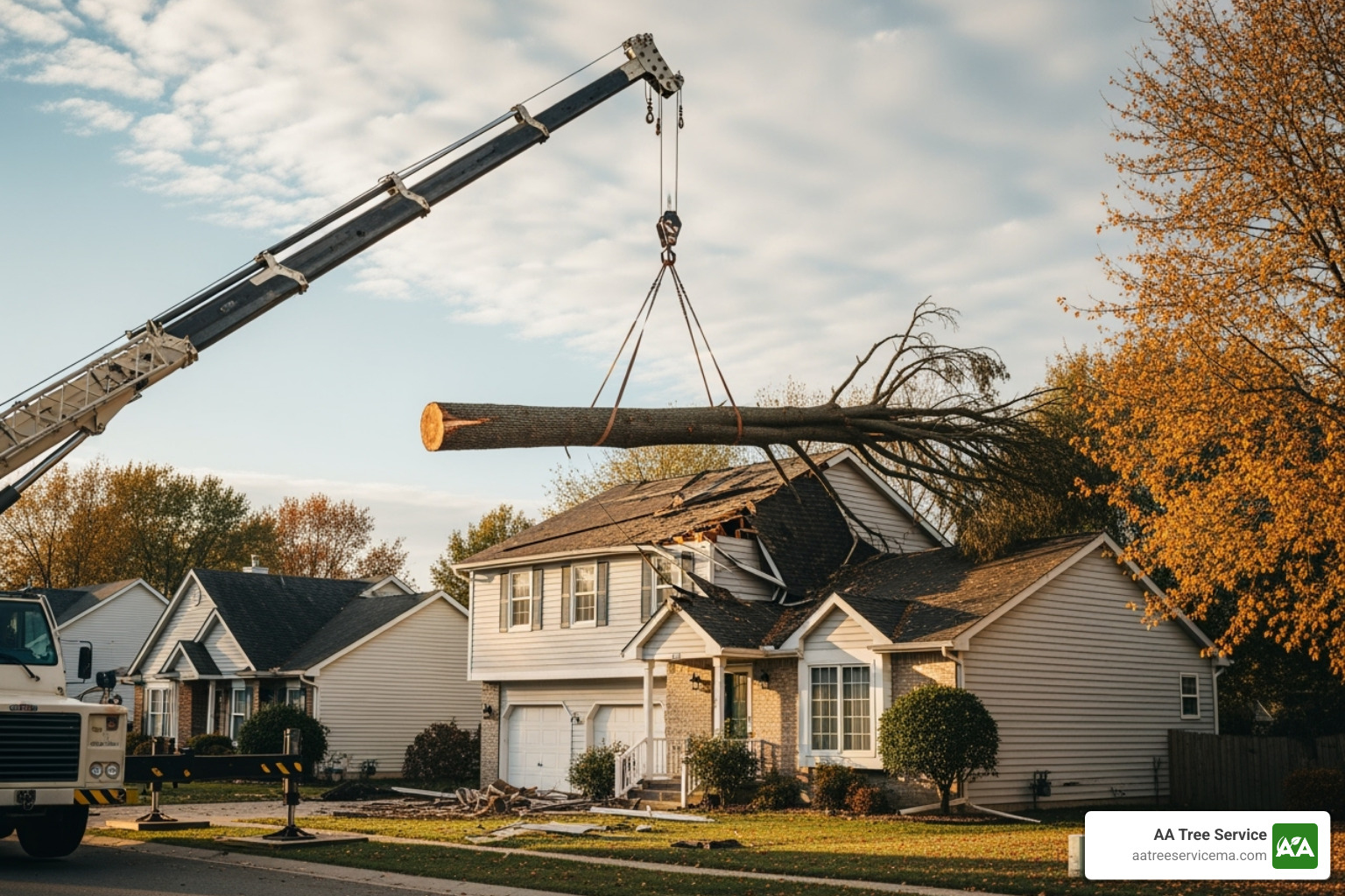 professional tree crew using a crane to lift a large log off a roof in a town like Bedford, MA - tree emergency services