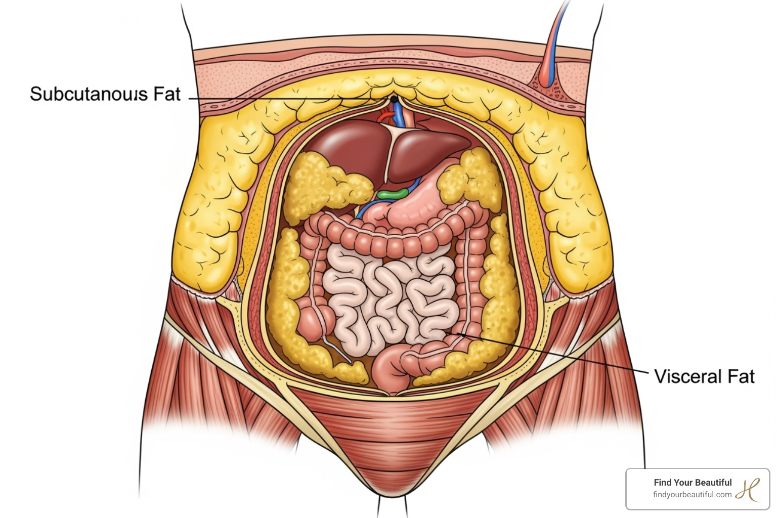 an anatomical illustration showing the difference between subcutaneous and visceral belly fat - liposuction for belly fat cost
