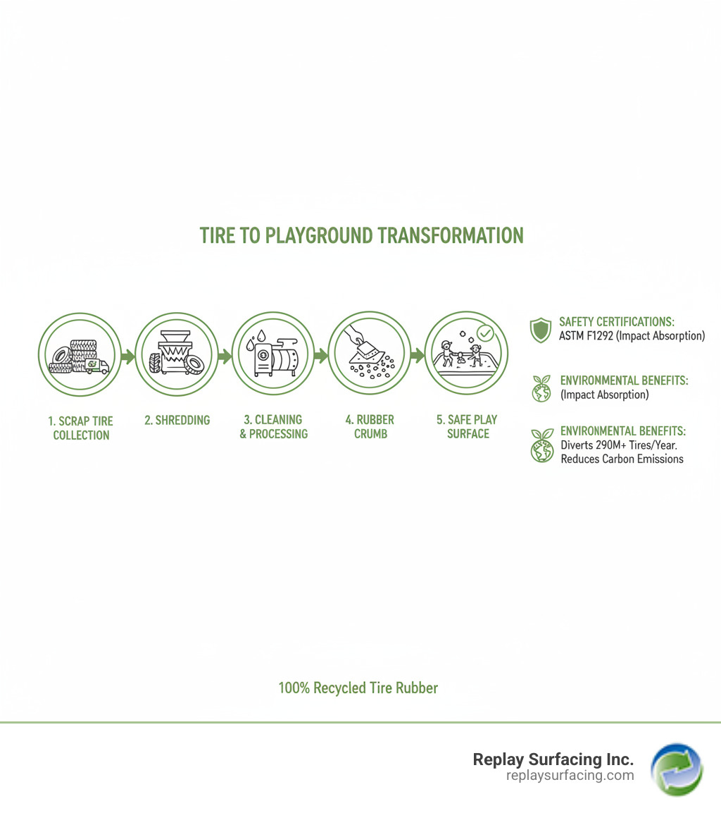 Infographic showing the complete change process from scrap tire collection through shredding, cleaning, and processing to final installation as a safe playground surface with safety certifications and environmental benefits - recycled playground surface infographic 