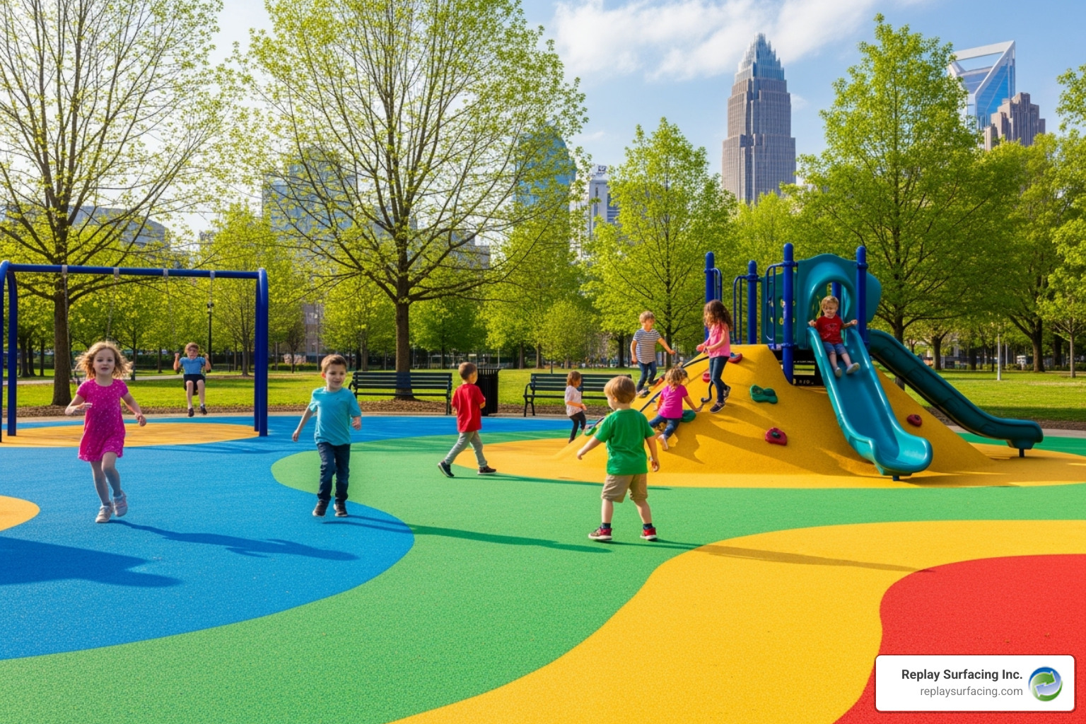 rerecycled playground surface, kids playing, Charlotte, NC - recycled playground surface