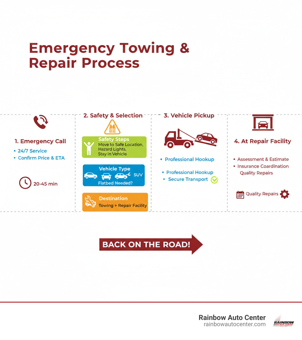 Infographic showing the complete towing process from emergency call to vehicle pickup, including safety steps, company selection criteria, and what happens after arrival at the repair facility - tow company near me infographic 