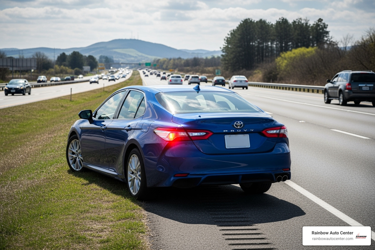 car safely pulled over on the side of a road with hazard lights on - tow company near me
