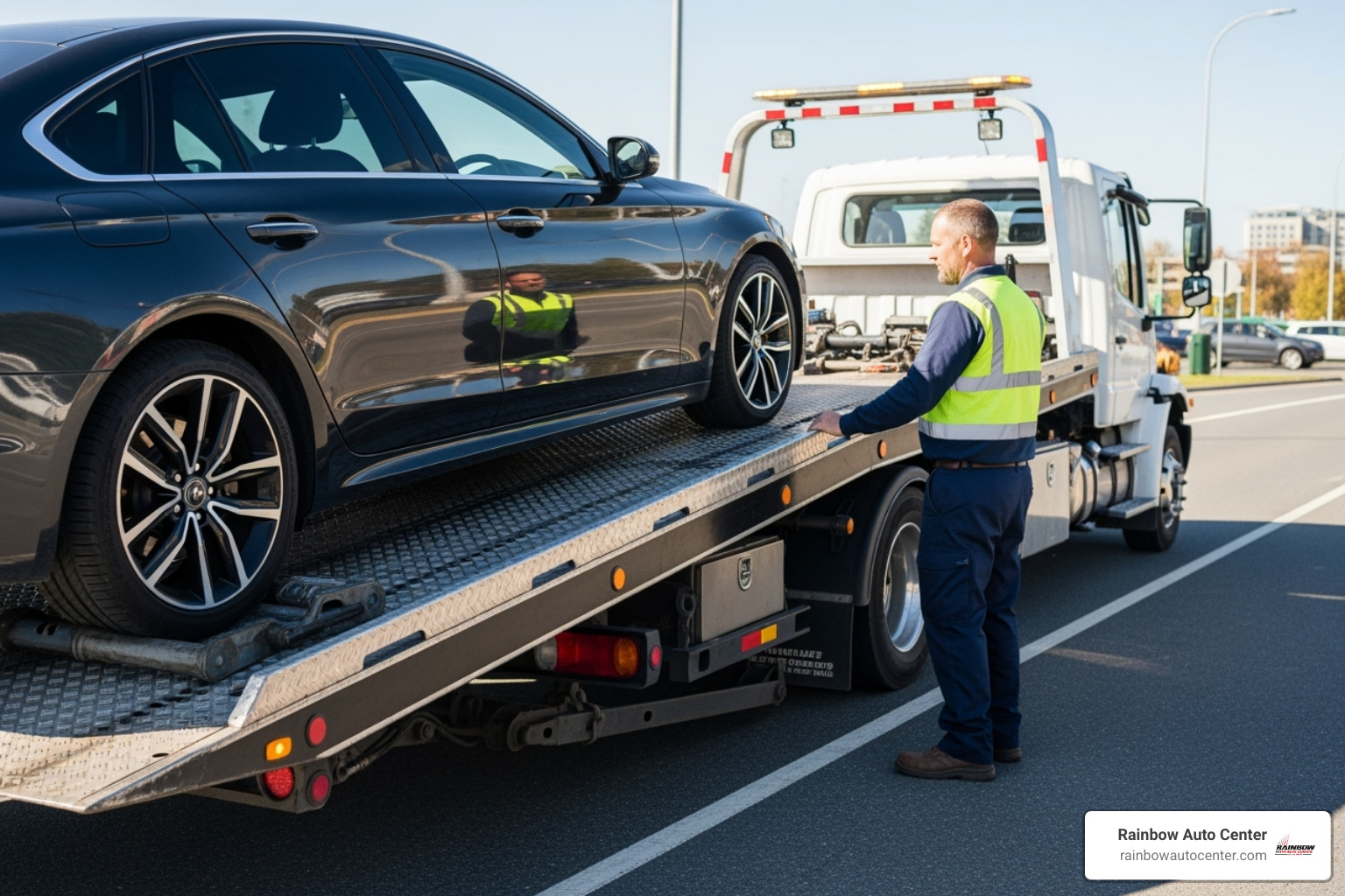 flatbed tow truck loading a modern sedan - tow company near me