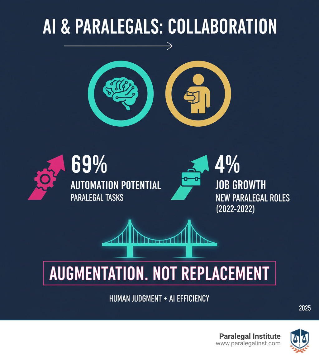 Infographic showing AI automation potential of 69% versus 4% job growth projection for paralegals, highlighting the collaboration opportunity - will ai take over paralegal jobs infographic 