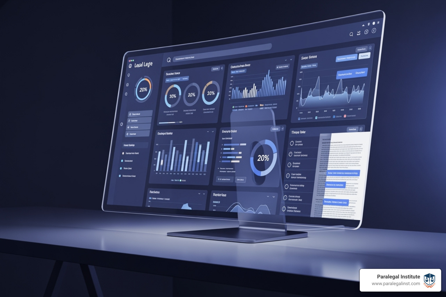 futuristic legal tech dashboard displaying data analysis - will ai take over paralegal jobs