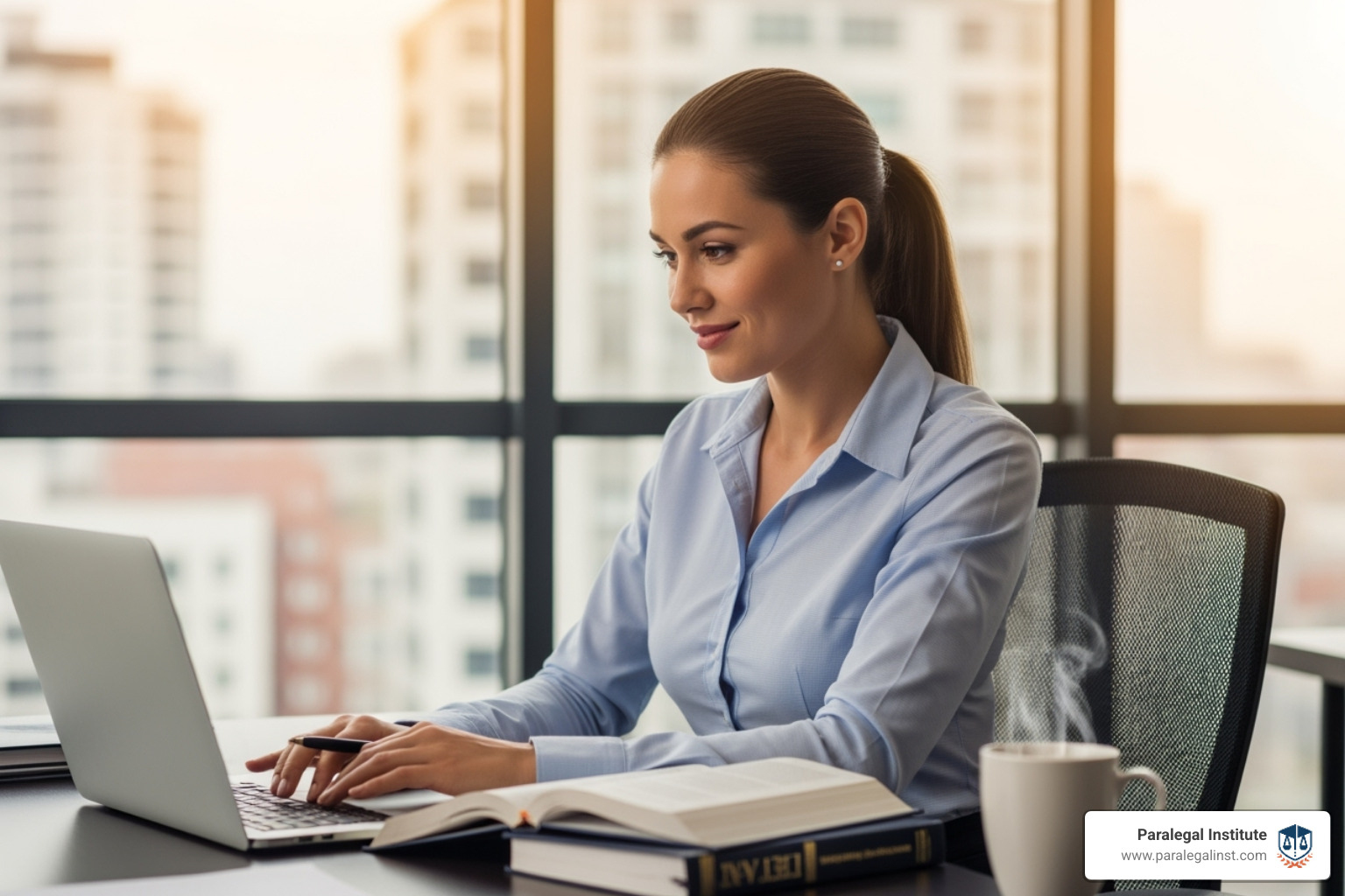 paralegal student working on a laptop, looking confident and engaged - will ai take over paralegal jobs