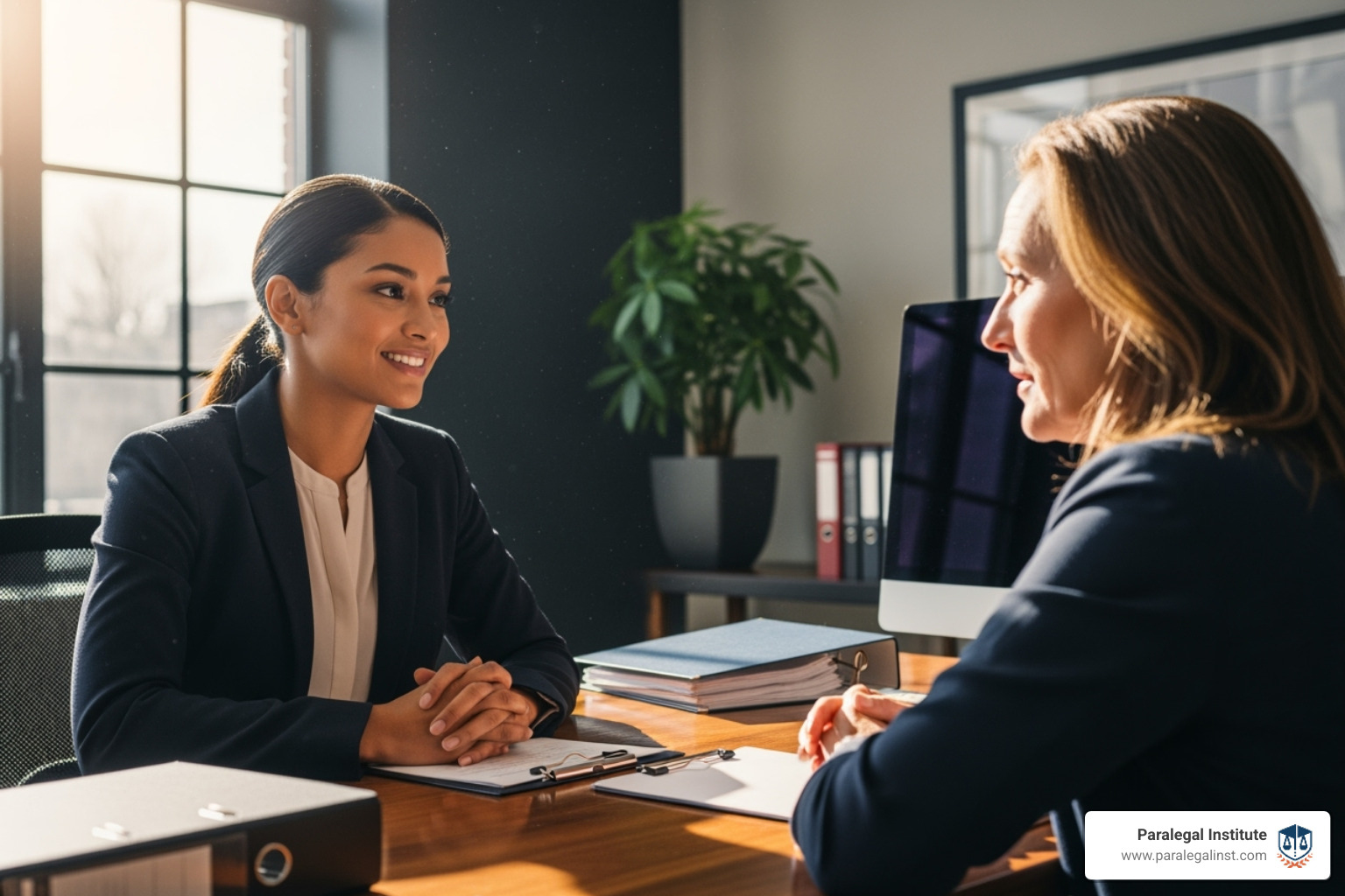 paralegal compassionately speaking with a client in an office setting - will ai take over paralegal jobs