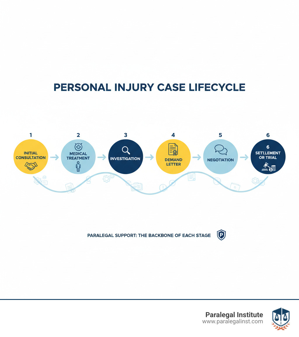 Infographic showing the personal injury case lifecycle from initial client consultation through medical treatment, investigation, demand letter, negotiation, and final settlement or trial - can paralegals do personal injury infographic 
