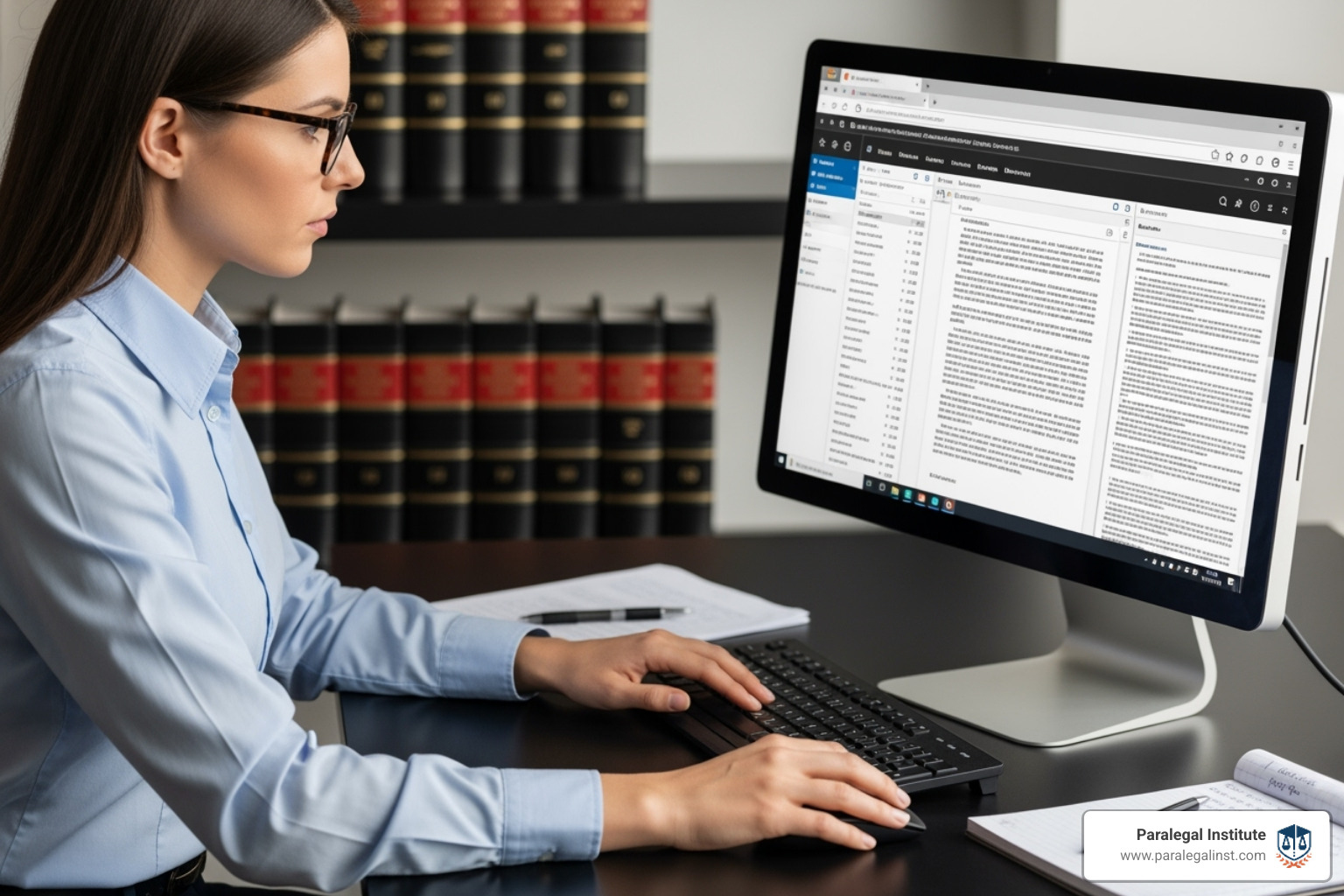 A paralegal conducting legal research using an online database on a computer, with law books blurred in the background - can paralegals do personal injury