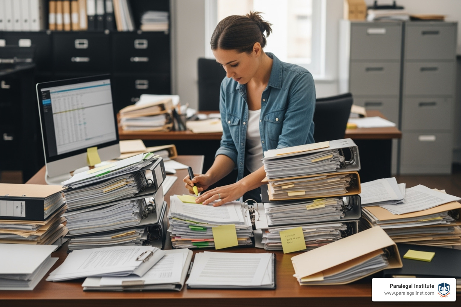 A paralegal organizing stacks of legal documents and files, representing the extensive findy process in a personal injury case - can paralegals do personal injury
