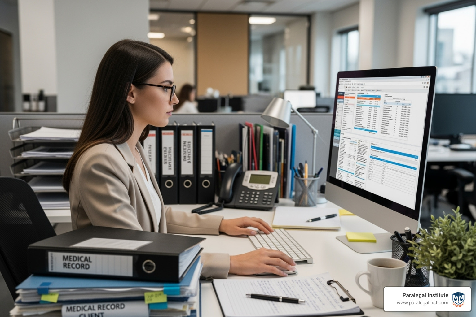 A paralegal diligently reviewing medical records on a computer screen, surrounded by organized physical files - can paralegals do personal injury