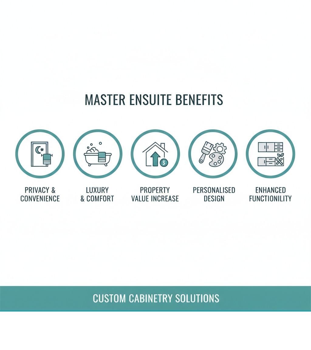 Master Ensuite Benefits Infographic showing privacy, luxury, property value increase, personalised design, and improved functionality with custom cabinetry solutions - master ensuite infographic 
