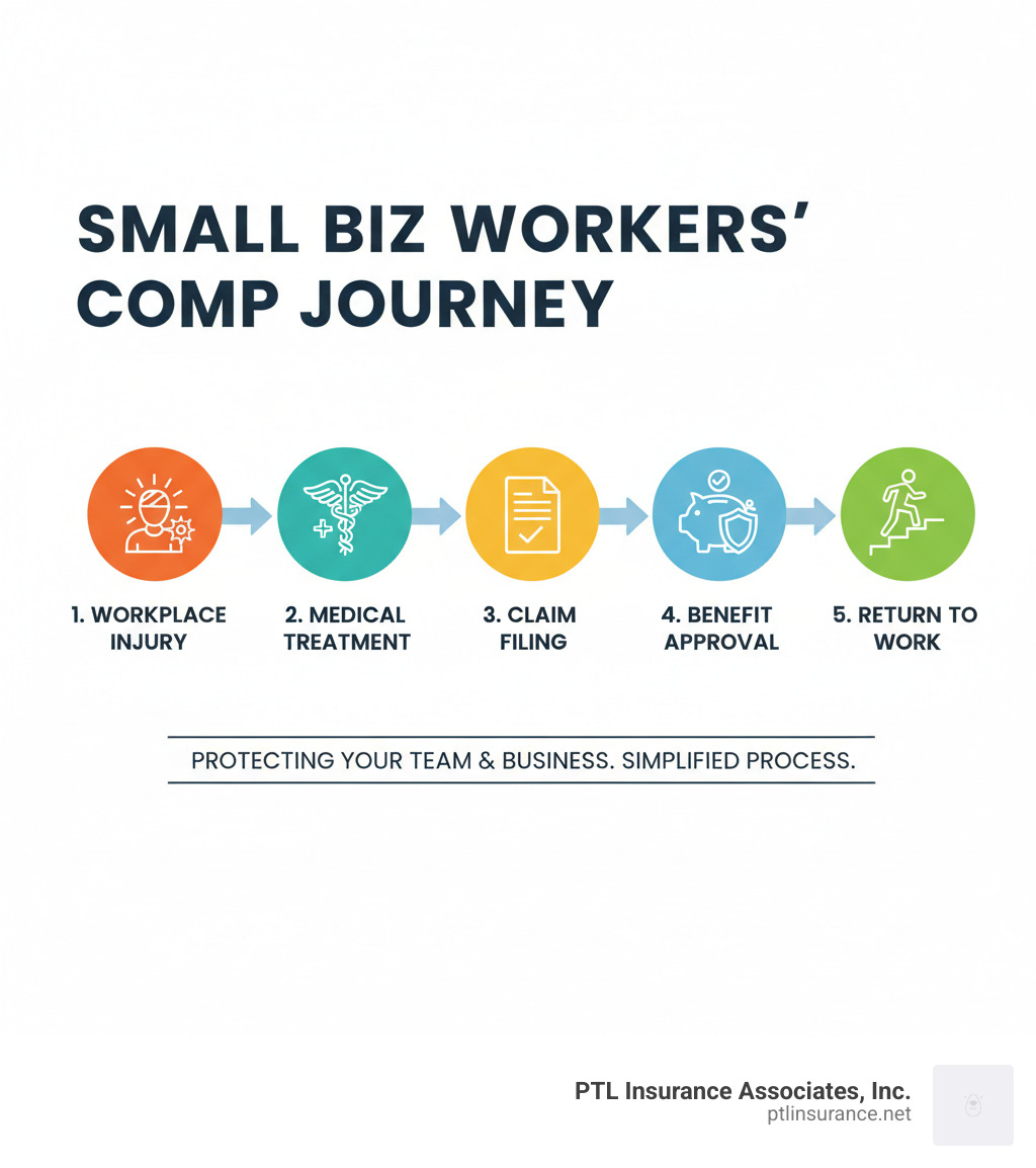 Infographic showing the workers' comp process from workplace injury through medical treatment, claim filing, benefit approval, and return to work, with clear icons and arrows demonstrating each step for small business owners.