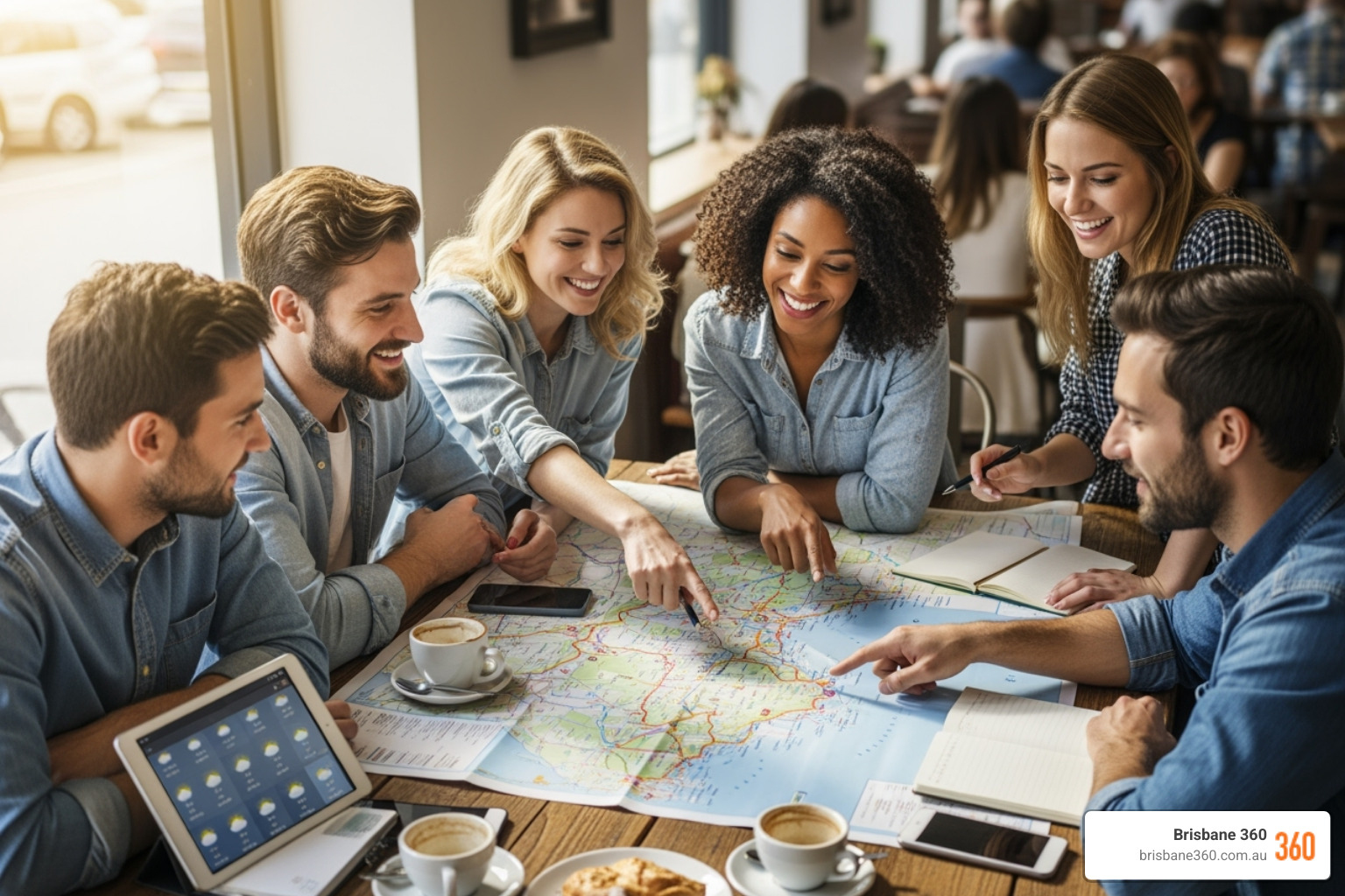 group of people cheerfully looking at a map while planning their trip itinerary - day trip coach