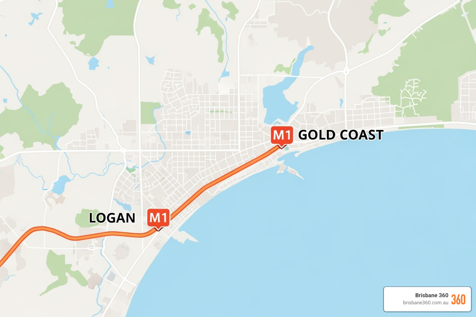 Map of Logan to Gold Coast route - group transport Logan to Gold Coast events