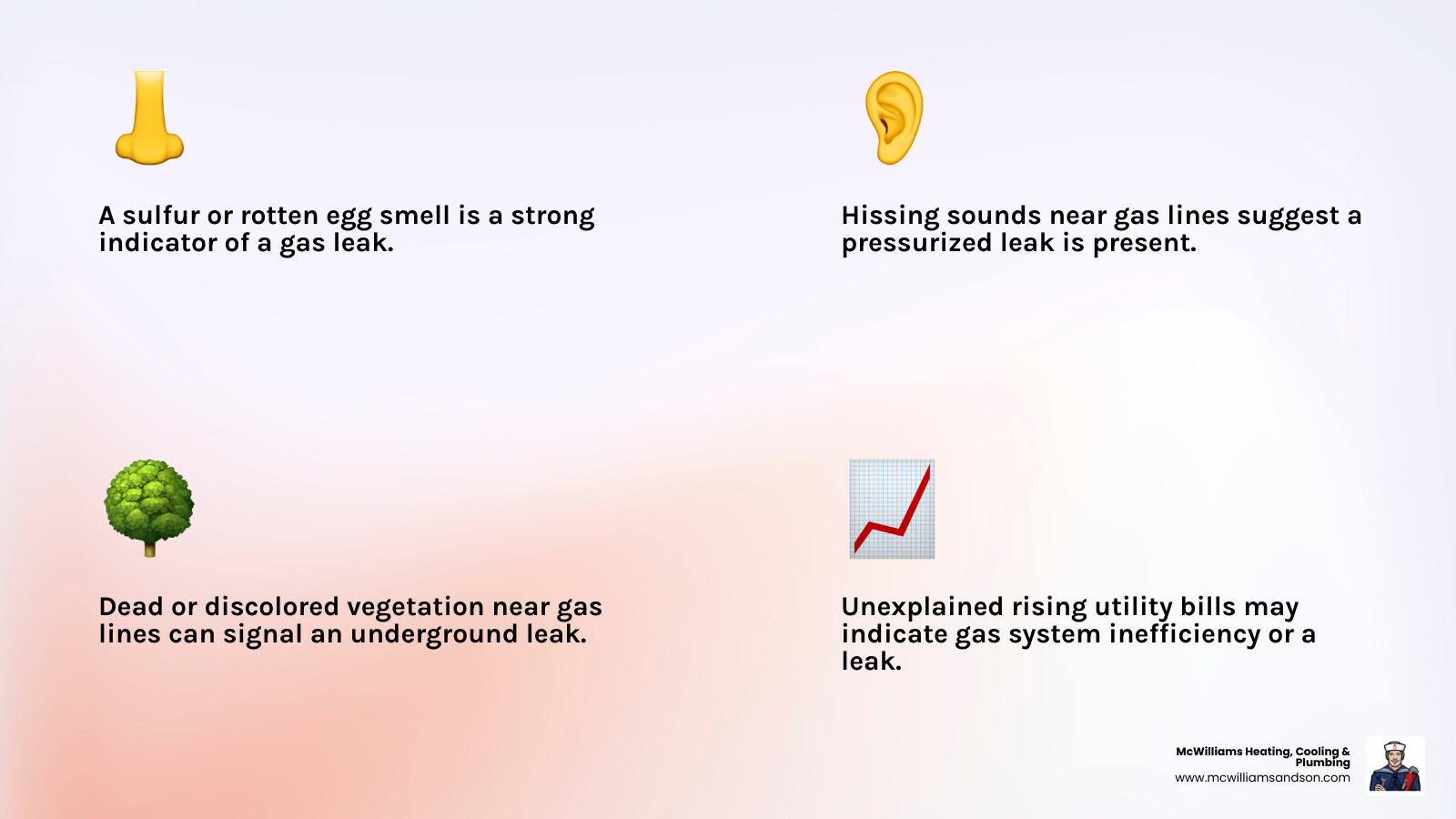 Infographic showing commercial gas line warning signs including sulfur smell, hissing sounds, dead vegetation, rising utility bills, and malfunctioning appliances with emergency contact numbers and immediate safety steps - commercial gas line service nacogdoches infographic 4_facts_emoji_light-gradient