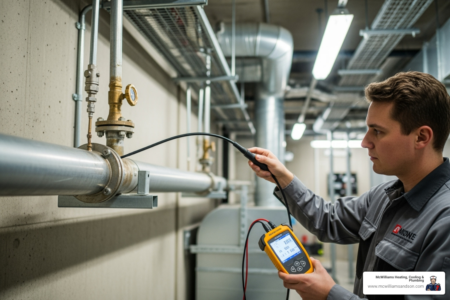 technician using electronic leak detection equipment on a gas pipe - commercial gas line service nacogdoches