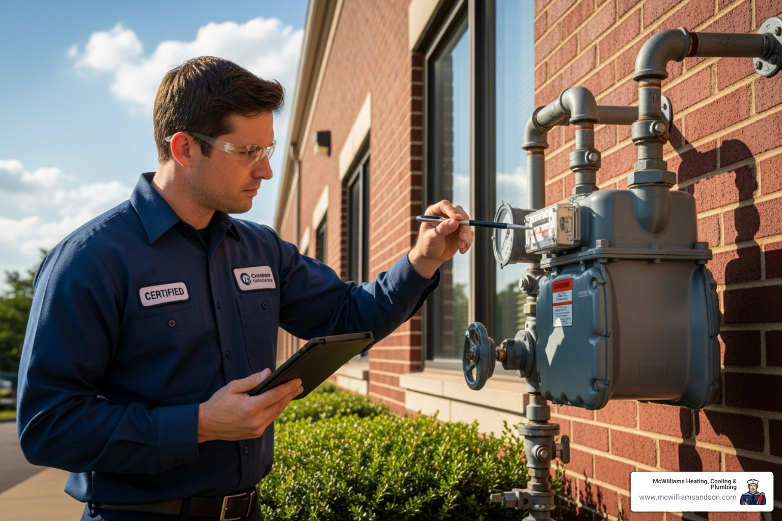 certified technician inspecting a commercial gas meter - commercial gas line service nacogdoches