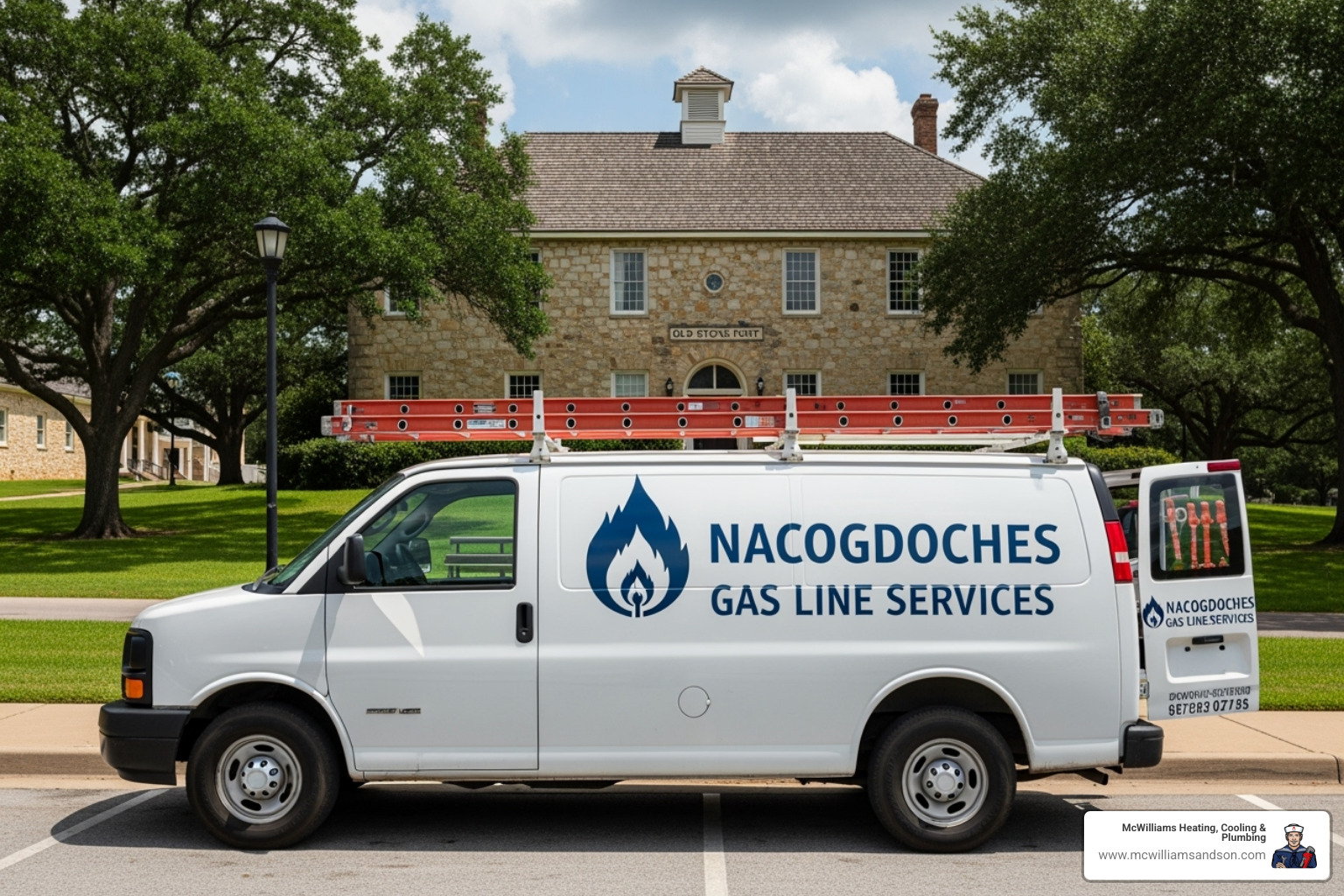 branded service vehicle in front of a Nacogdoches landmark - commercial gas line service nacogdoches