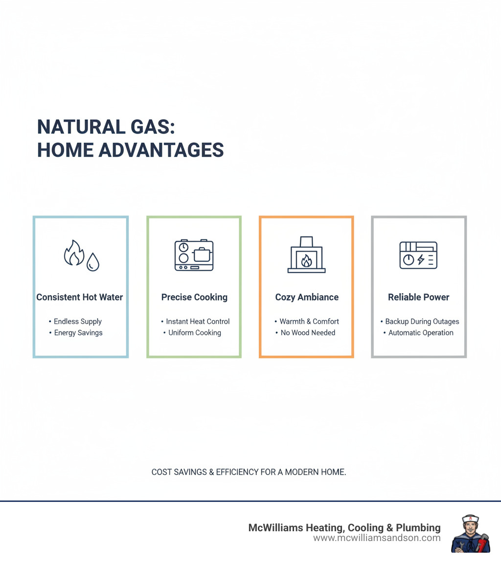 Infographic showing the benefits of natural gas for home appliances including water heaters providing consistent hot water, gas stoves offering precise temperature control, fireplaces creating cozy ambiance, and standby generators ensuring backup power during outages, with icons and brief descriptions of cost savings and efficiency for each appliance - underground gas line installation lufkin infographic Infographic showing the benefits of natural gas for home appliances including water heaters providing consistent hot water, gas stoves offering precise temperature control, fireplaces creating cozy ambiance, and standby generators ensuring backup power during outages, with icons and brief descriptions of cost savings and efficiency for each appliance - underground gas line installation lufkin infographic