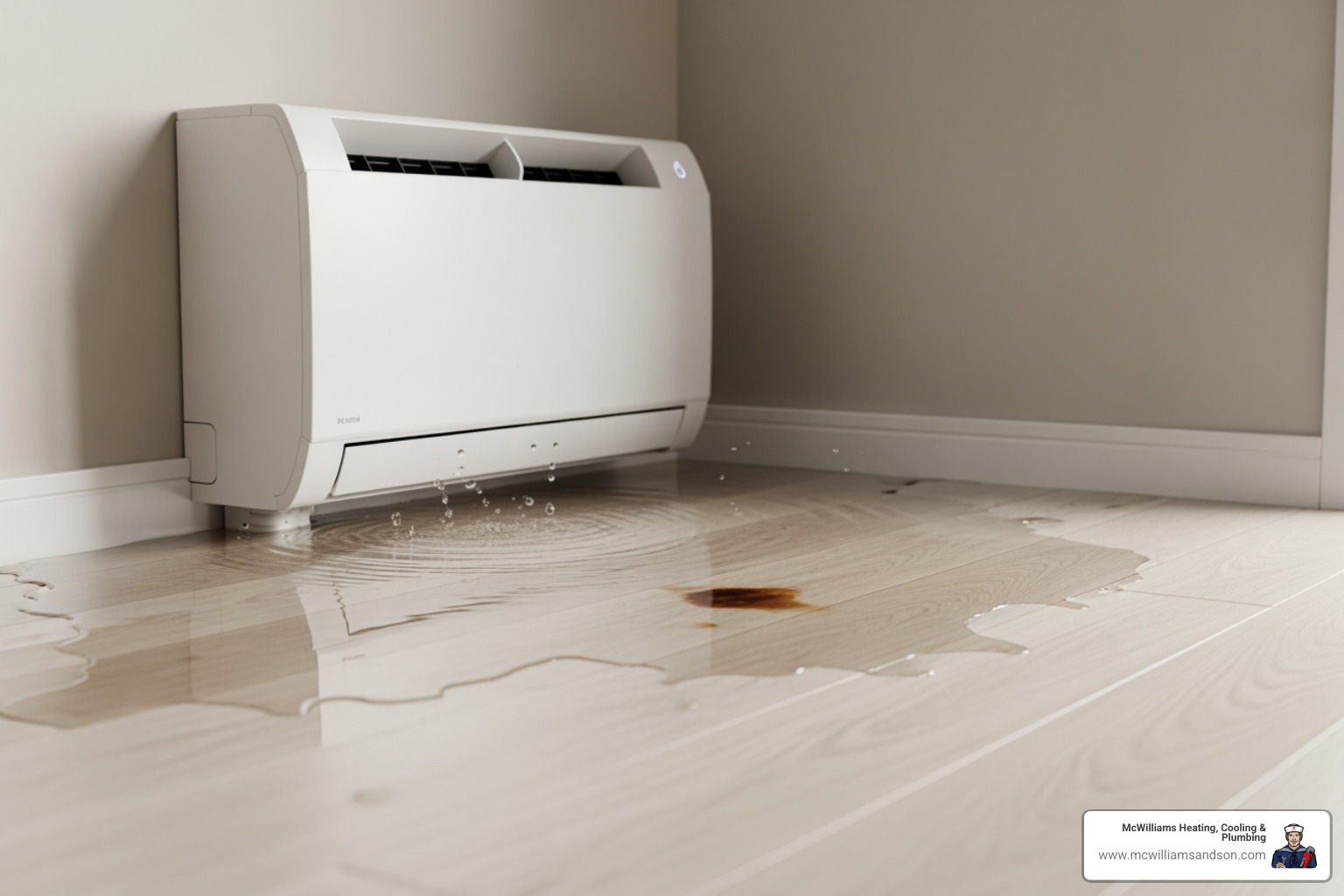 Water pooling around the base of an indoor AC unit, indicating a potential leak or clogged drain line. - ac maintenance lufkin tx