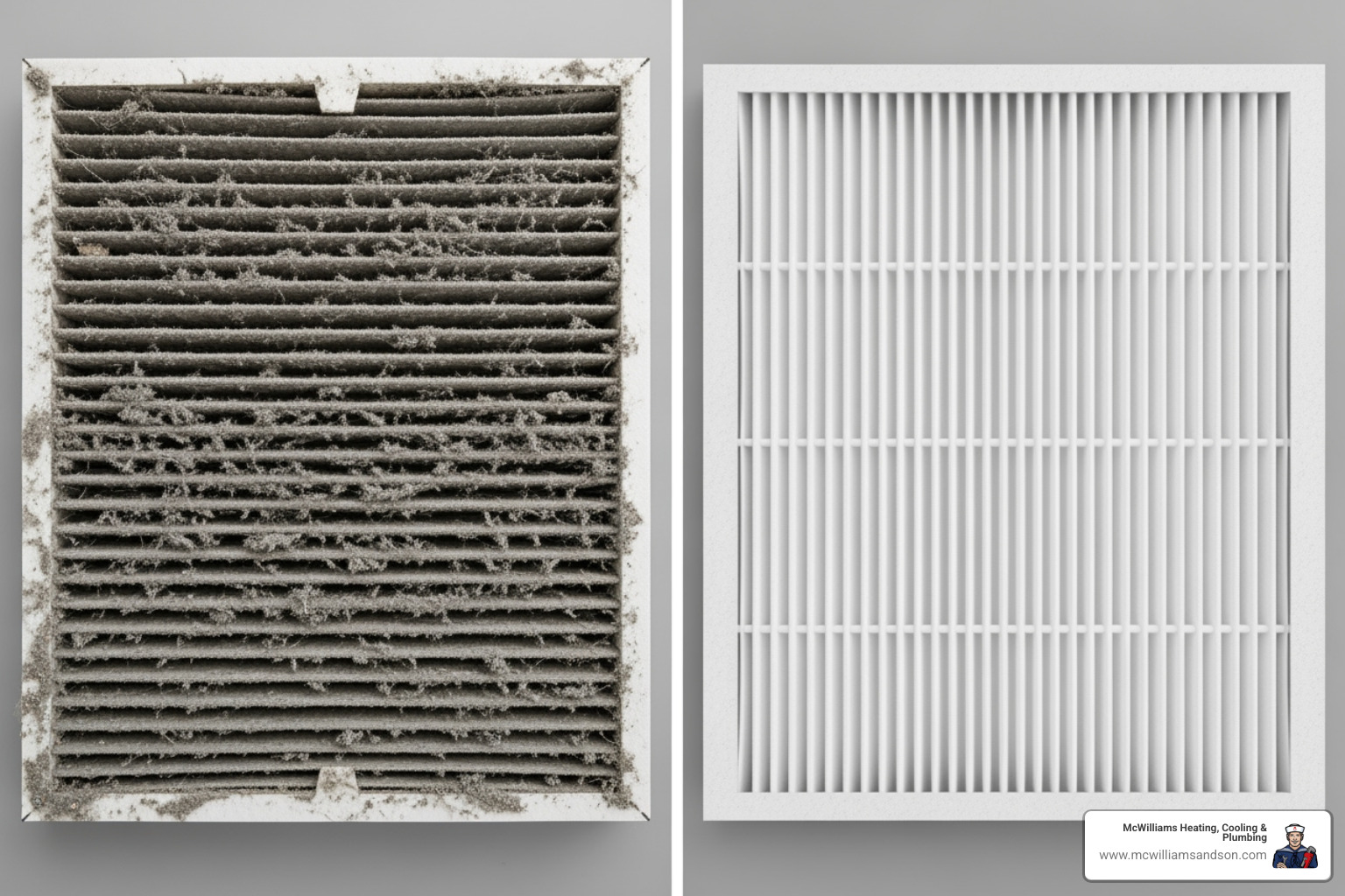 A side-by-side comparison of a dirty, clogged air filter next to a brand new, clean air filter, illustrating the importance of regular filter replacement for AC maintenance. - ac maintenance lufkin tx