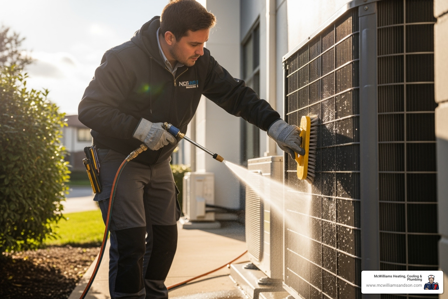 A skilled technician in work attire diligently cleaning the outdoor condenser unit of an air conditioning system, ensuring optimal performance and efficiency. - ac maintenance lufkin tx