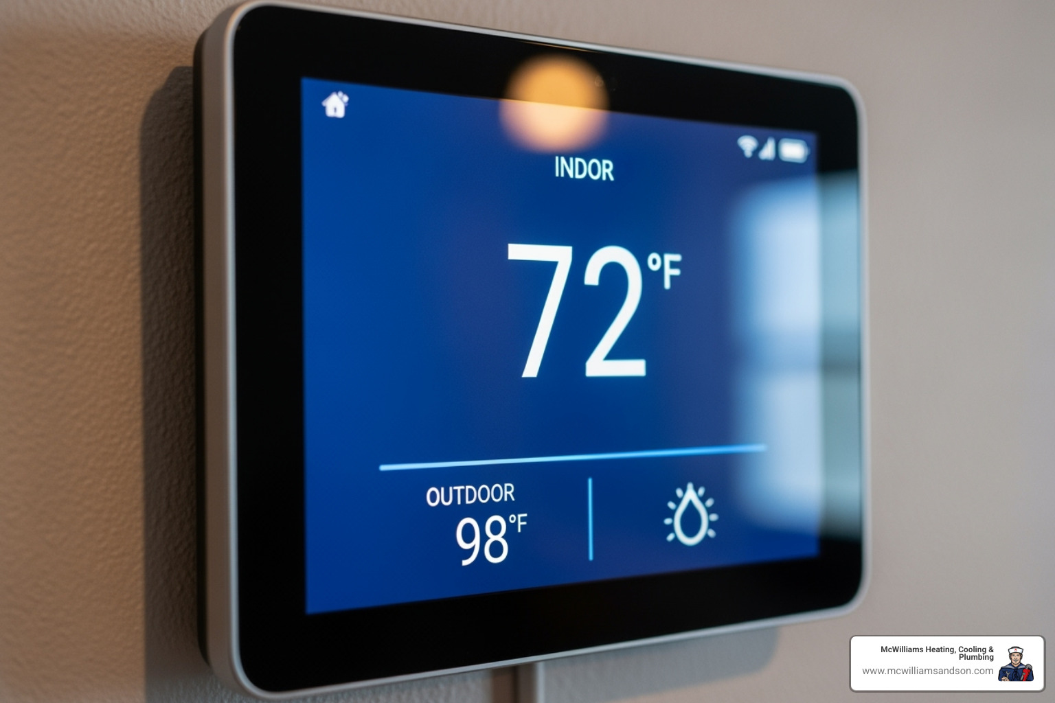 A thermostat displaying a comfortable indoor temperature of 72 degrees Fahrenheit, while the outdoor reading shows a scorching 98 degrees Fahrenheit, highlighting the effectiveness of a well-maintained AC system. - ac maintenance lufkin tx