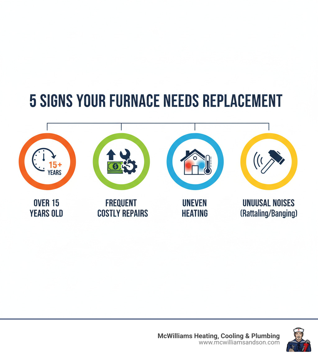 Infographic showing the top 5 signs your furnace needs replacement: furnace over 15 years old, rising energy bills, frequent costly repairs, uneven heating with hot and cold spots, and unusual noises like rattling or banging - residential heating installation nacogdoches infographic Infographic showing the top 5 signs your furnace needs replacement: furnace over 15 years old, rising energy bills, frequent costly repairs, uneven heating with hot and cold spots, and unusual noises like rattling or banging - residential heating installation nacogdoches infographic