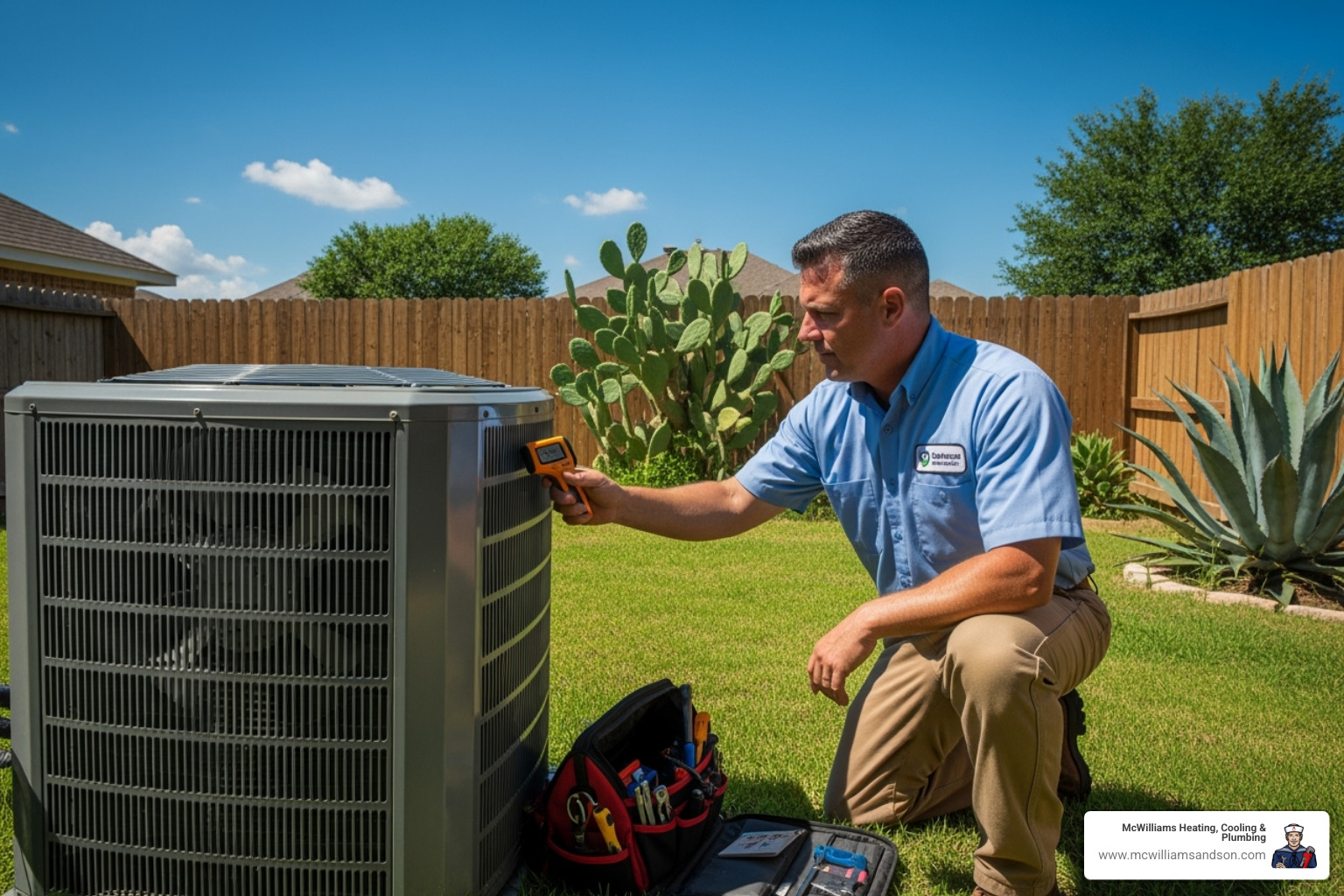 of a technician inspecting an outdoor AC unit with a sunny Texas background - hvac tune up nacogdoches of a technician inspecting an outdoor AC unit with a sunny Texas background - hvac tune up nacogdoches