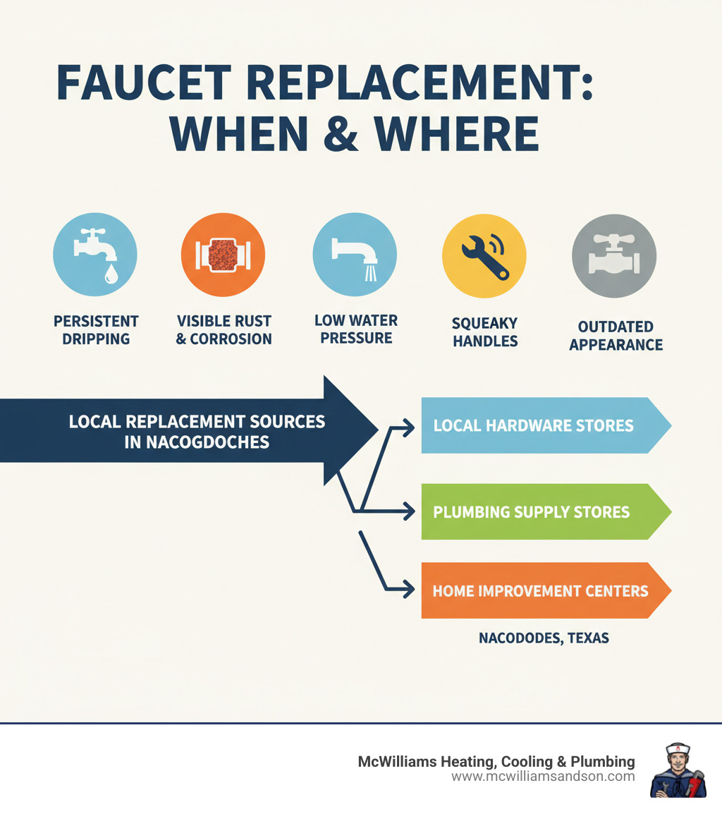 Infographic showing common signs that indicate faucet replacement is needed including persistent dripping, visible rust and corrosion, low water pressure, squeaky handles, and outdated appearance, with arrows pointing to local replacement sources in Nacogdoches - faucet replacement nacogdoches infographic 