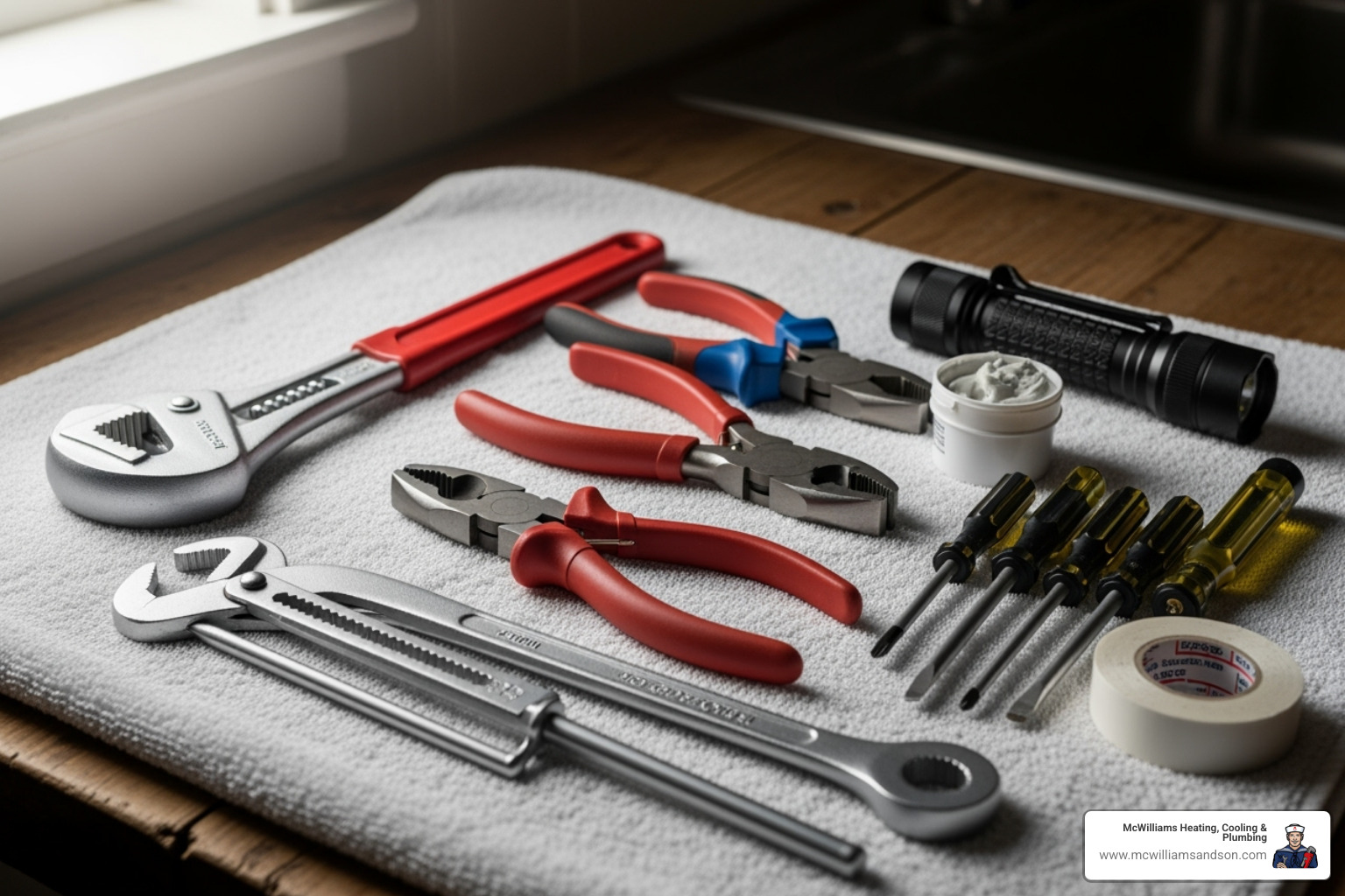 of tools needed for faucet replacement laid out on a towel - faucet replacement nacogdoches