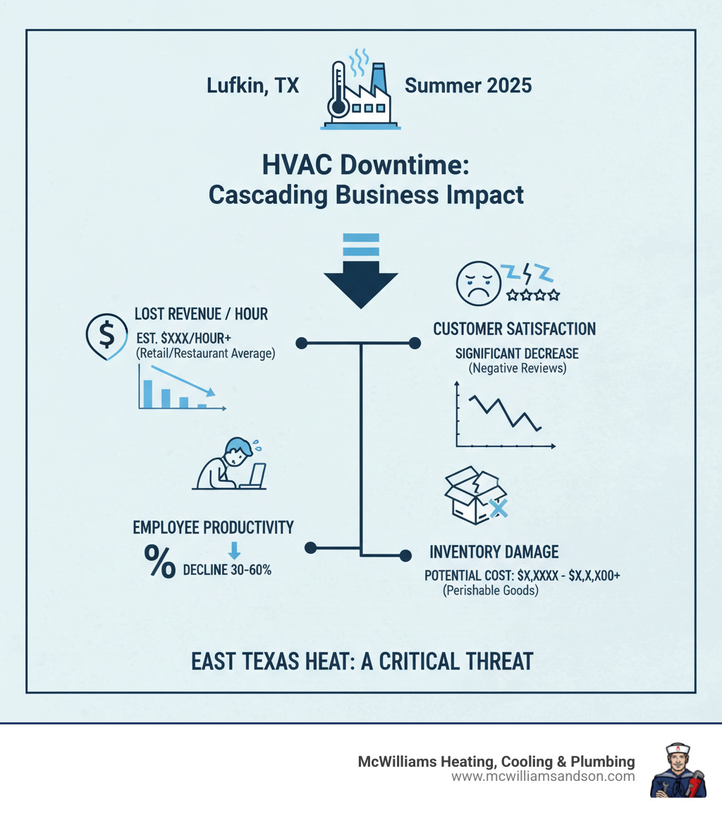 Detailed infographic showing the cascading effects of commercial HVAC system downtime on Lufkin businesses, including lost revenue per hour, employee productivity decline percentages, customer satisfaction drops, and potential inventory damage costs during East Texas summer heat - commercial hvac service lufkin tx infographic 