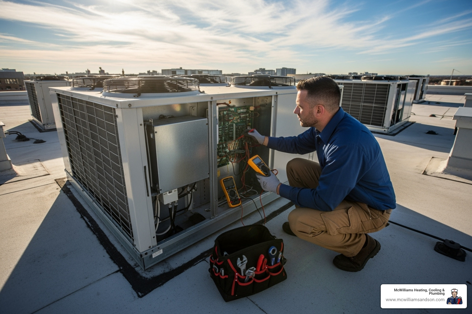 technician servicing a commercial HVAC system - commercial hvac service lufkin tx