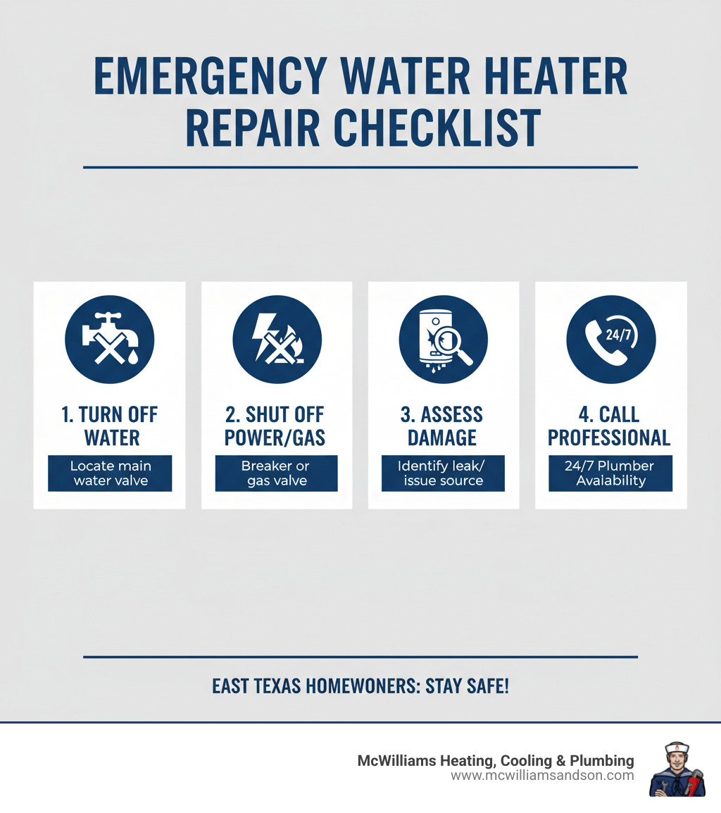 Emergency water heater repair checklist showing immediate safety steps: turn off water supply, shut off power/gas, assess damage, and call professional plumber with 24/7 availability - emergency water heater repair east texas infographic 