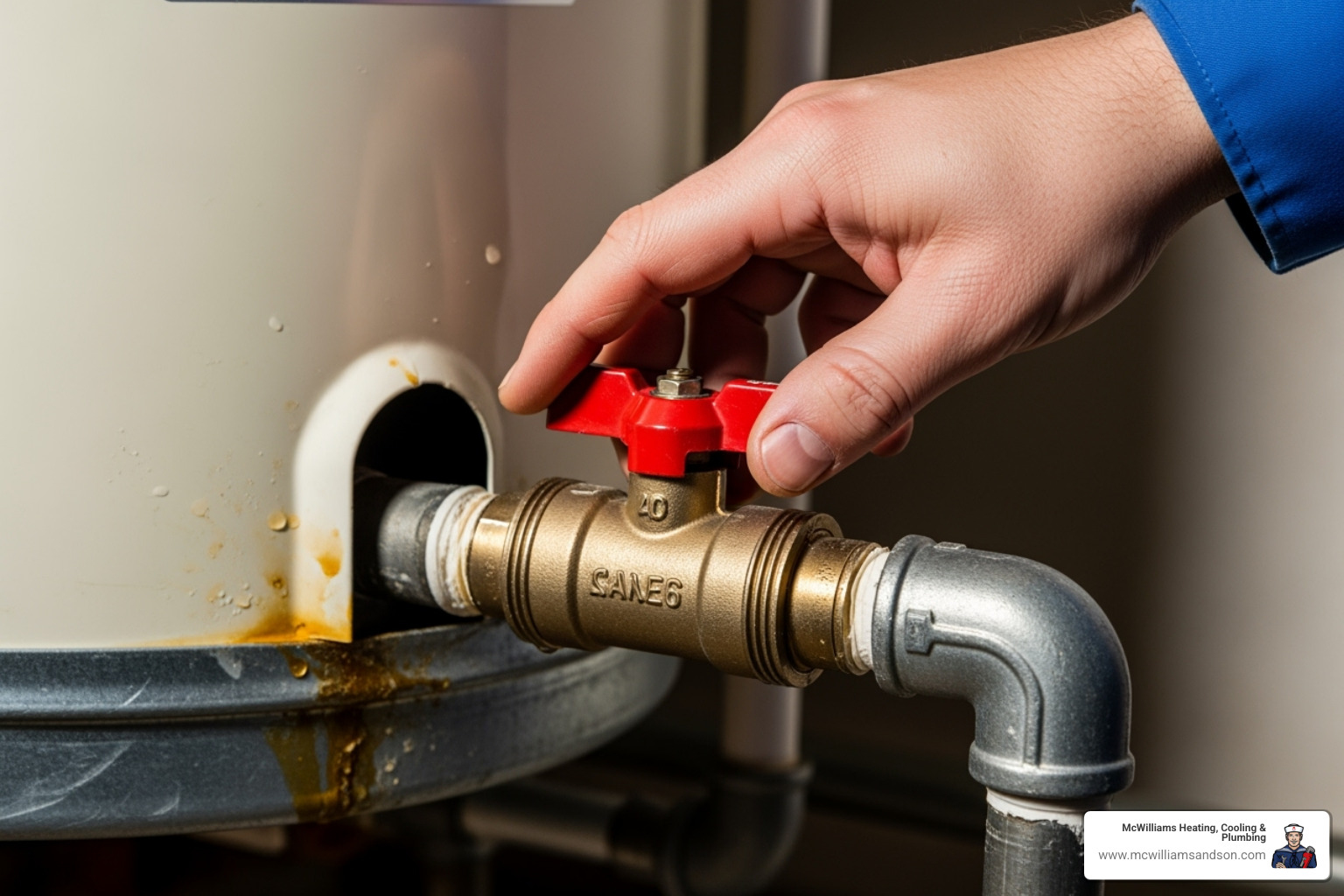 hand turning the handle on a water heater's water supply valve - emergency water heater repair east texas