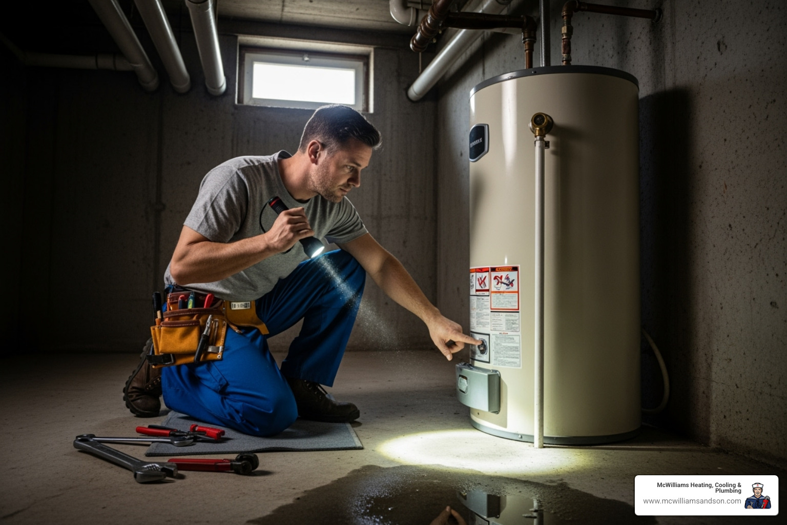 professional plumber inspecting a water heater with a flashlight - emergency water heater repair east texas