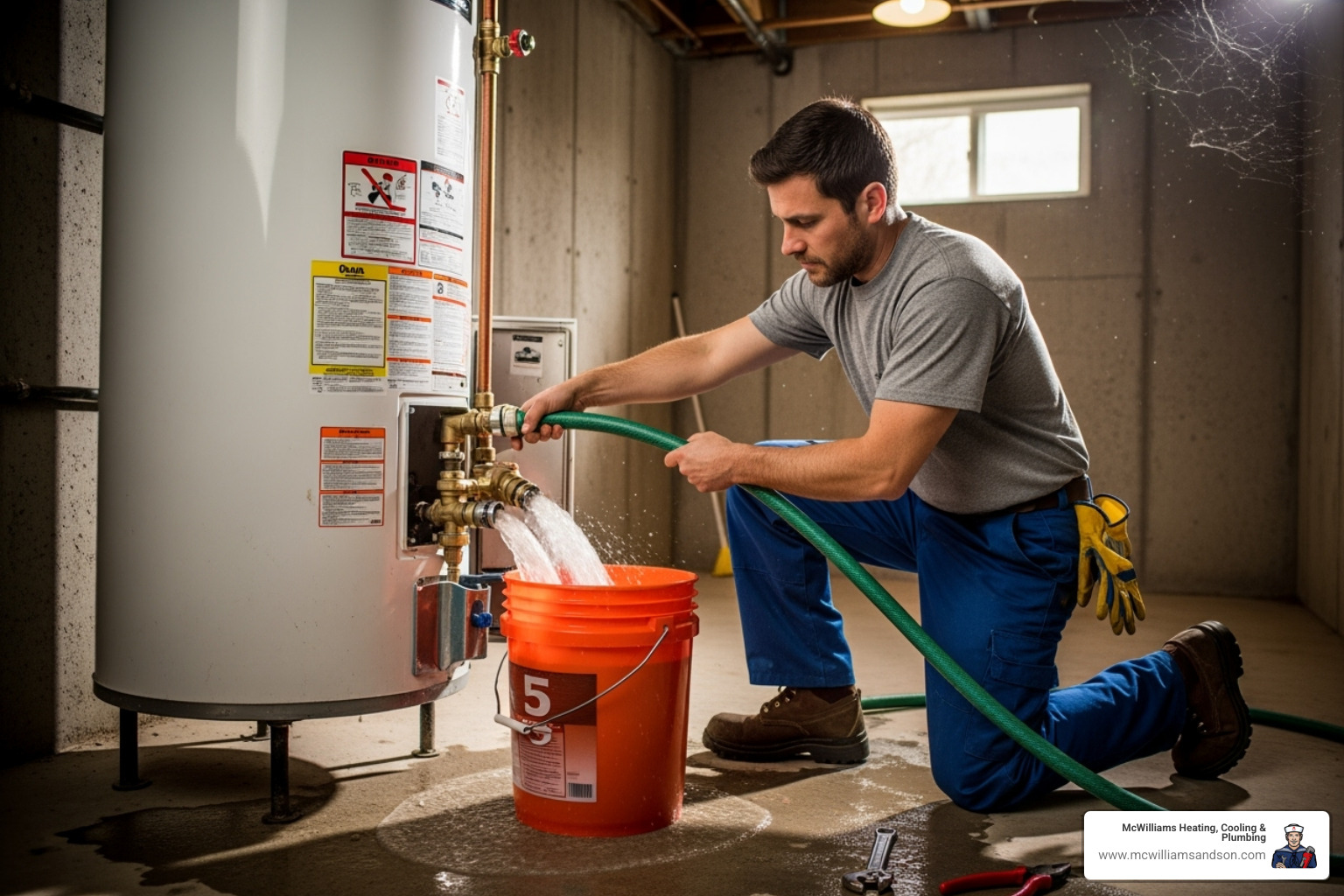 plumber flushing sediment from a water heater tank into a bucket - emergency water heater repair east texas