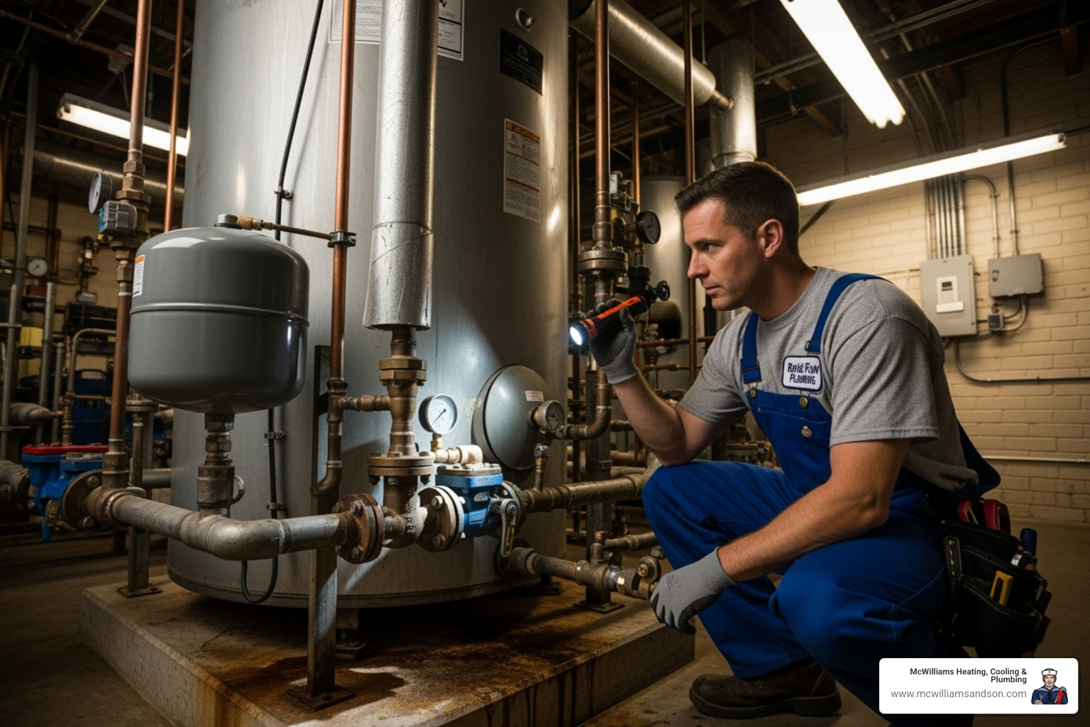 Technician checking commercial water heater - commercial plumbing nacogdoches
