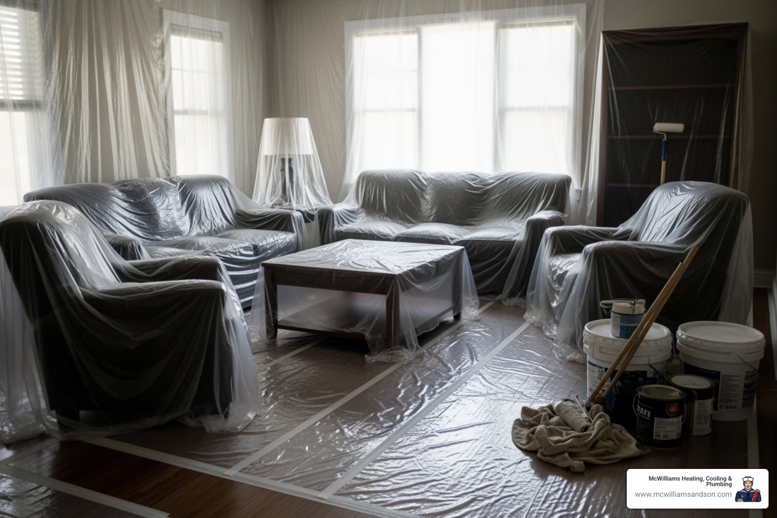 of a living room with furniture and floors covered in protective plastic sheeting - copper pipe repiping east texas