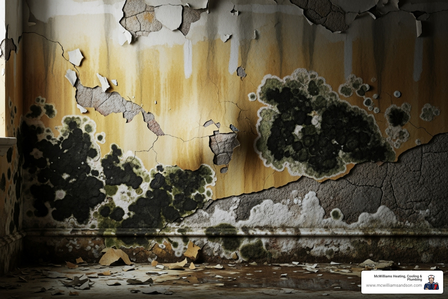 A wall showing extensive water damage and mold growth - emergency repiping service lufkin