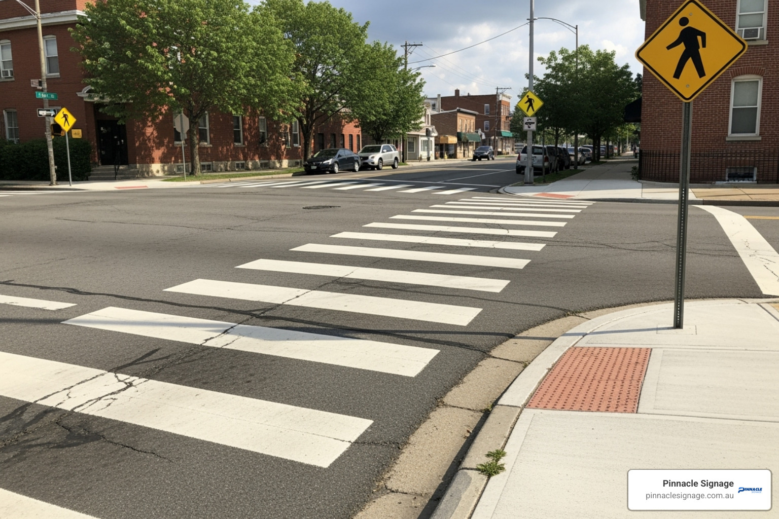 Marked zebra crossing with a Pedestrian Crossing sign - road signs for pedestrians Marked zebra crossing with a Pedestrian Crossing sign - road signs for pedestrians
