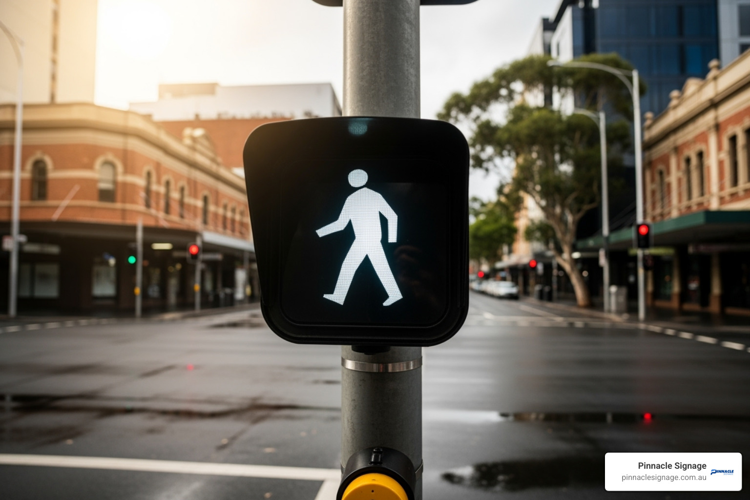 Pedestrian signal showing the white walking person symbol - road signs for pedestrians Pedestrian signal showing the white walking person symbol - road signs for pedestrians