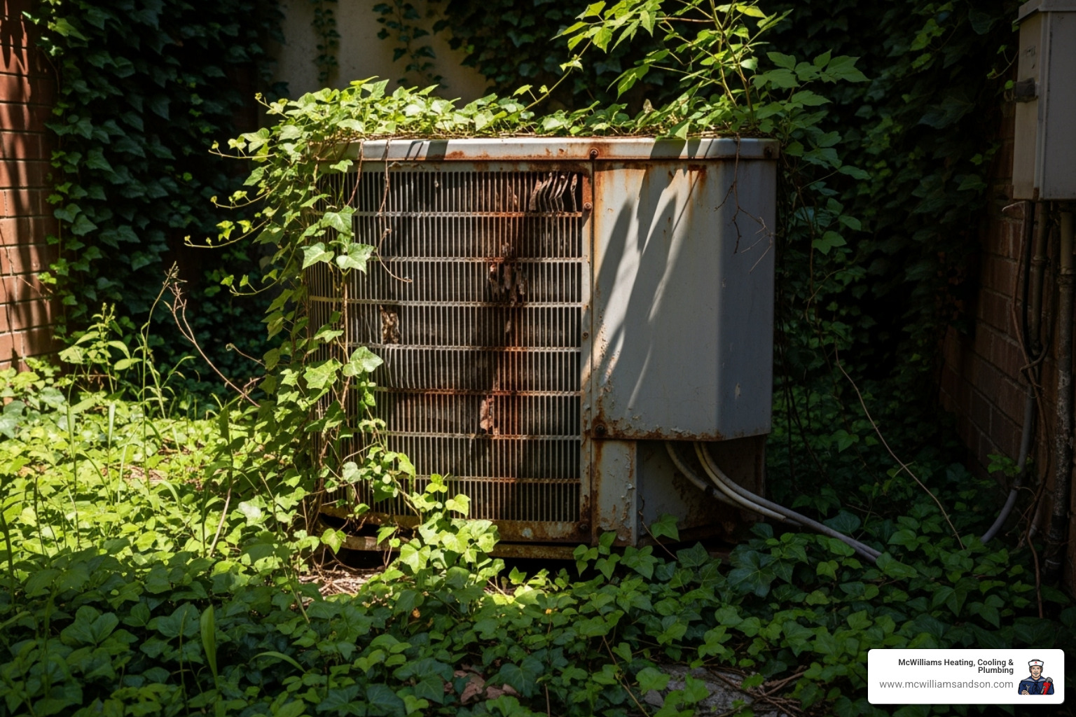 An old, inefficient outdoor AC unit with visible wear and tear, surrounded by overgrown plants, suggesting neglect and age - ac installation lufkin tx