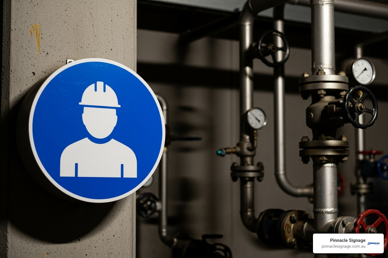 A blue circular mandatory sign showing a person wearing a hard hat in an industrial setting