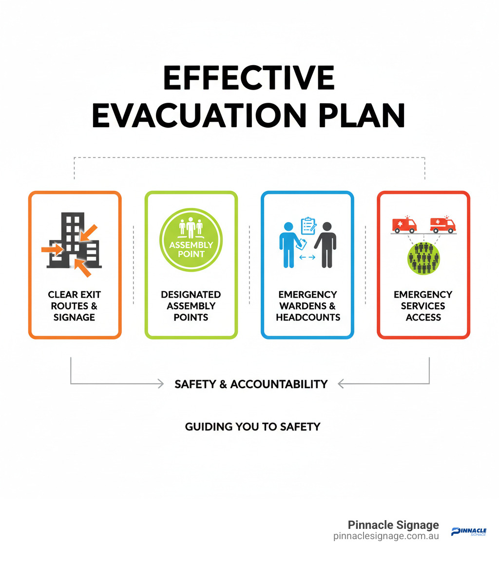 Infographic showing the key components of an effective evacuation plan: clearly marked exit routes, designated assembly points, emergency wardens conducting organised headcounts, and emergency services access Infographic showing the key components of an effective evacuation plan: clearly marked exit routes, designated assembly points, emergency wardens conducting organised headcounts, and emergency services access
