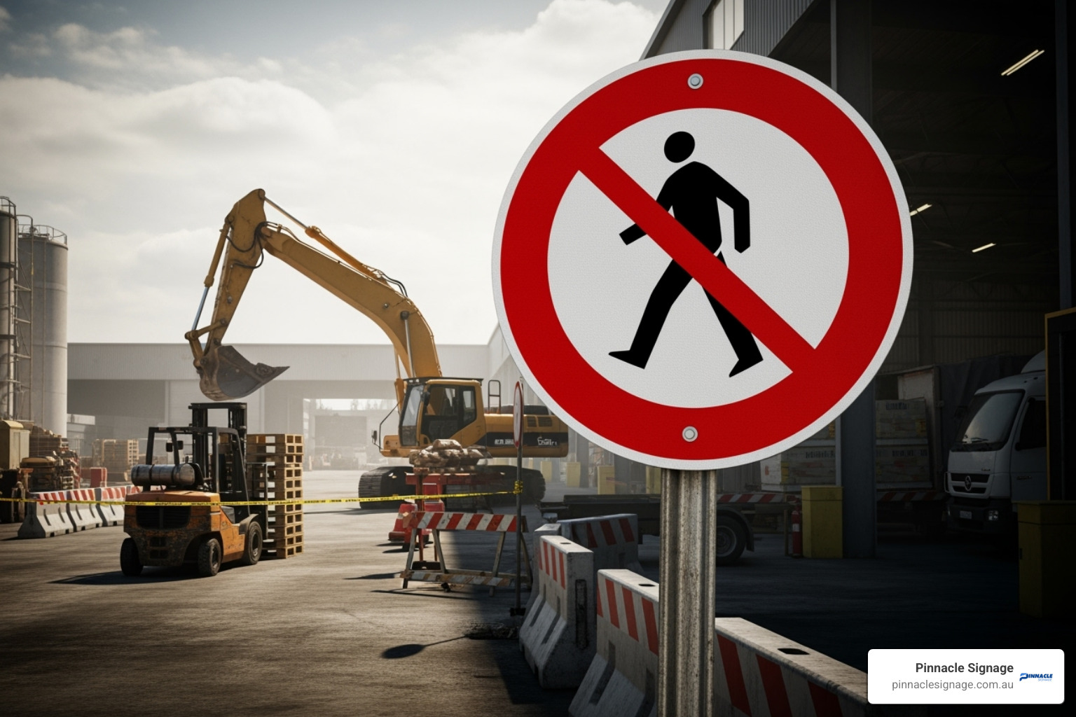 Prominent no pedestrians sign fixed on a pole at a busy construction site with an excavator and forklift working. Prominent no pedestrians sign fixed on a pole at a busy construction site with an excavator and forklift working.