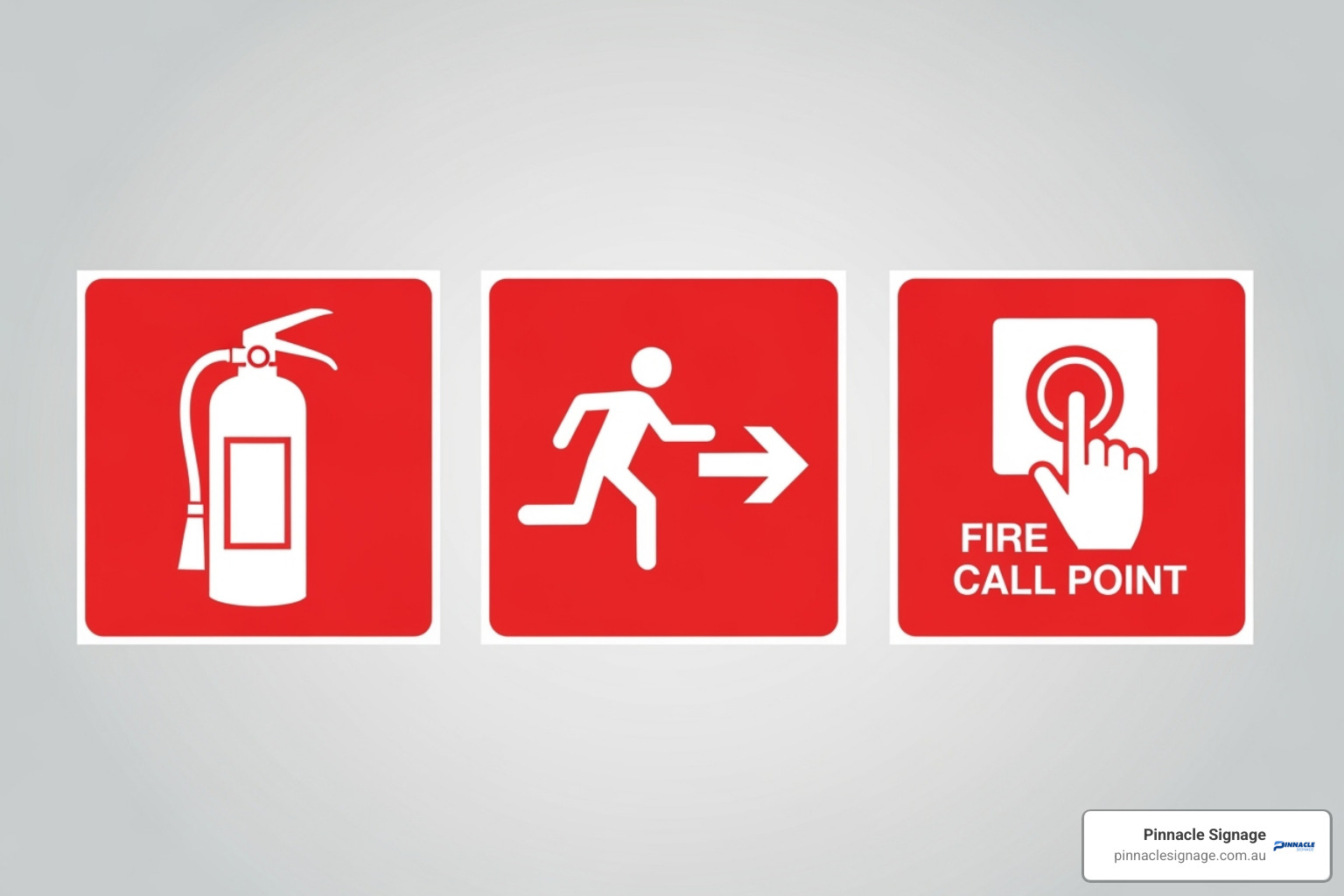 Australian emergency fire notice signage showing icons for the fire extinguisher exit route and fire call point for safety procedures.