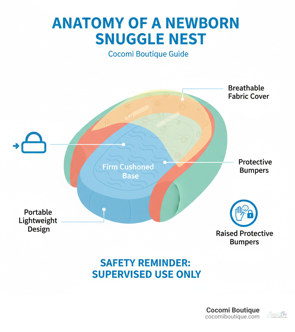 Infographic showing anatomy of a newborn snuggle nest with labeled parts: breathable fabric cover, firm cushioned base, raised protective bumpers, portable lightweight design, and safety reminders for supervised use only - newborn snuggle nest infographic 